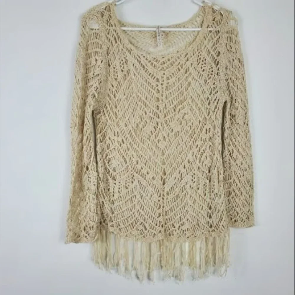 Rachel Roy Open Knit Top Womens Size M Cream Ivory Long Sleeve Tassel Bottom - Picture 1 of 3